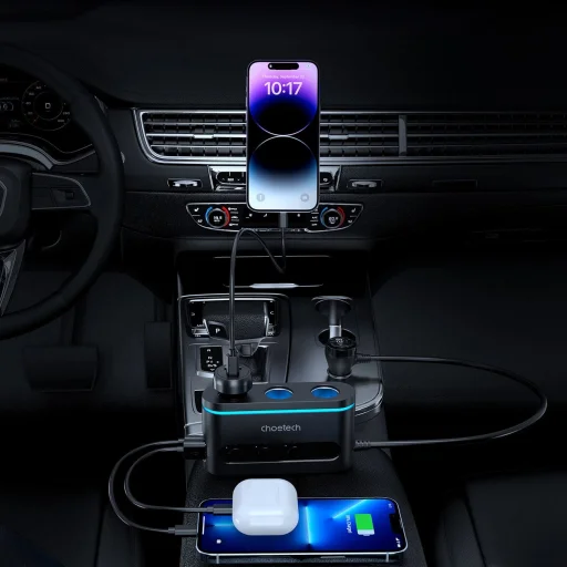 Choetech TC0021 autós töltő 2x USB-C PD 1x USB-A QC 3x szivargyújtó aljzat - fekete - 7