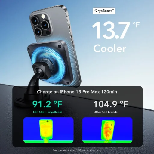 Műszerfalra és szellőzőre szerelhető ESR Halolock Cryoboost MagSafe autós telefontartó vezeték nélküli töltő QI2 15w frosted onyx - 4