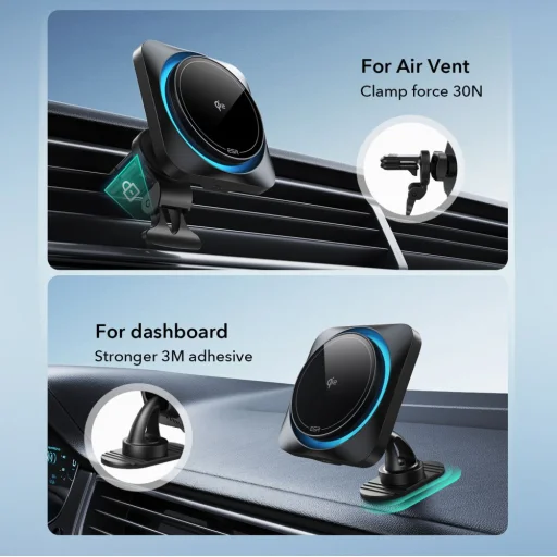 Műszerfalra és szellőzőre szerelhető ESR Halolock Cryoboost MagSafe autós telefontartó vezeték nélküli töltő QI2 15w frosted onyx - 5