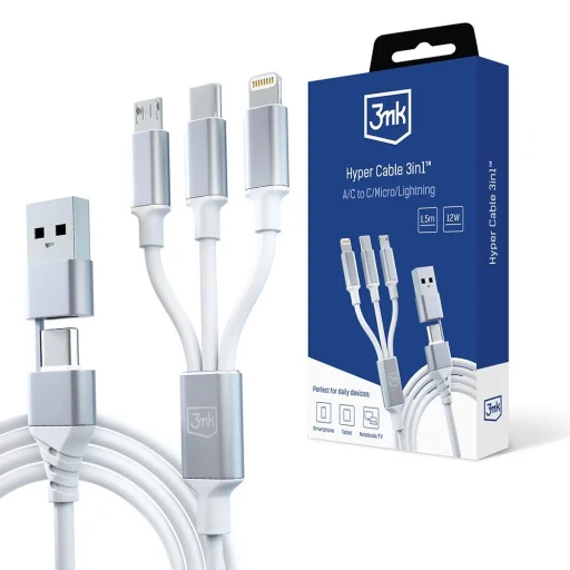 3mk Hyper Kábel 3 az 1-ben USB-A - USB-C / USB-C - micro USB - Lightning 1.5m - fehér - 1