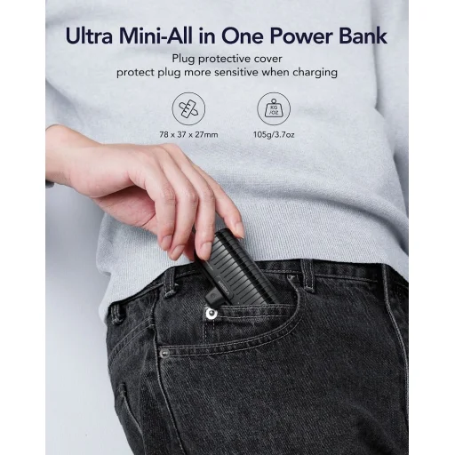 VEGER powerbank 5 000 mAh beépített Type C csatlakozóval PlugOn PD QC3.0 3A 20W W0558 fekete - 4