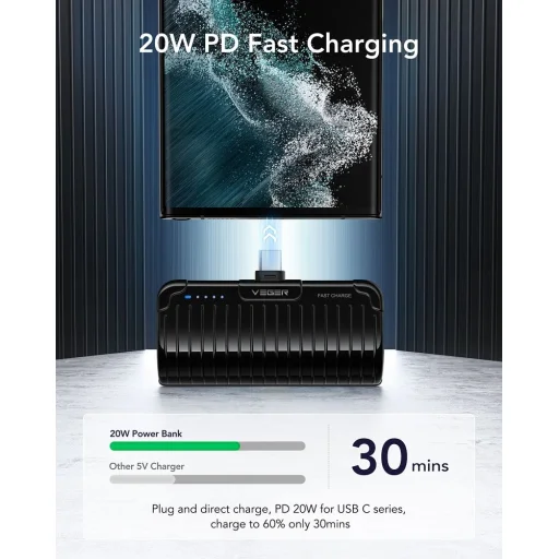 VEGER powerbank 5 000 mAh beépített Type C csatlakozóval PlugOn PD QC3.0 3A 20W W0558 fekete - 10