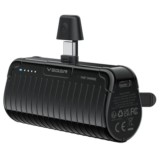 VEGER powerbank 5 000 mAh beépített Type C csatlakozóval PlugOn PD QC3.0 3A 20W W0558 fekete - 1