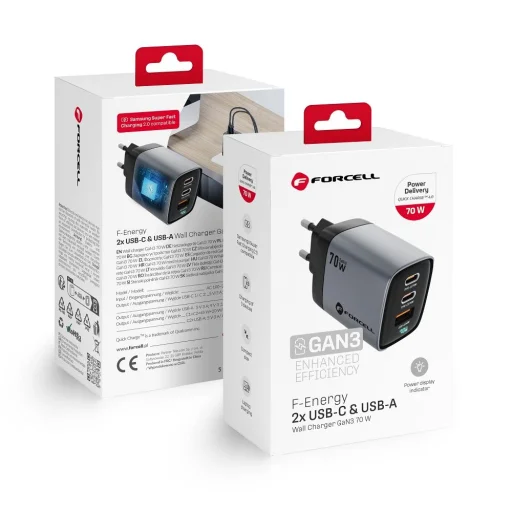 FORCELL F-ENERGY GaN III VT-37 fali utazó töltő LCD kijelzővel 2 x Type C + USB A PD QC4.0 SAM SFC2.0 3,45A 70W szürke - 2