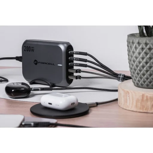 FORCELL F-ENERGY GaN III VT-51 asztali töltő 3 x Typ C + 2 x USB A PD QC4.0 SFC2.0 5A 200W szürke - 7