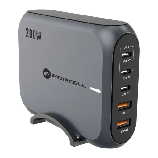 FORCELL F-ENERGY GaN III VT-51 asztali töltő 3 x Typ C + 2 x USB A PD QC4.0 SFC2.0 5A 200W szürke - 2