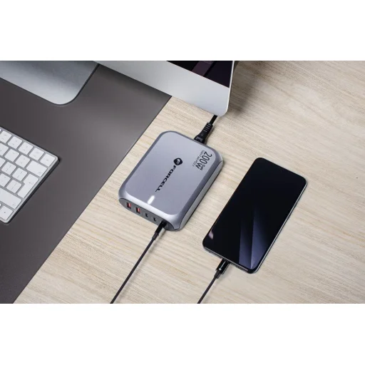 FORCELL F-ENERGY GaN III VT-51 asztali töltő 3 x Typ C + 2 x USB A PD QC4.0 SFC2.0 5A 200W szürke - 4