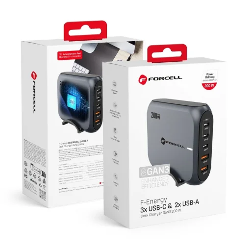 FORCELL F-ENERGY GaN III VT-51 asztali töltő 3 x Typ C + 2 x USB A PD QC4.0 SFC2.0 5A 200W szürke - 1