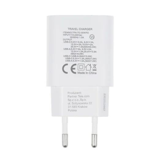 FORCELL F-ENERGY TFK-TC-30WPD utazó töltő Type C + USB A PD QC4.0 3A 30W fehér - 4