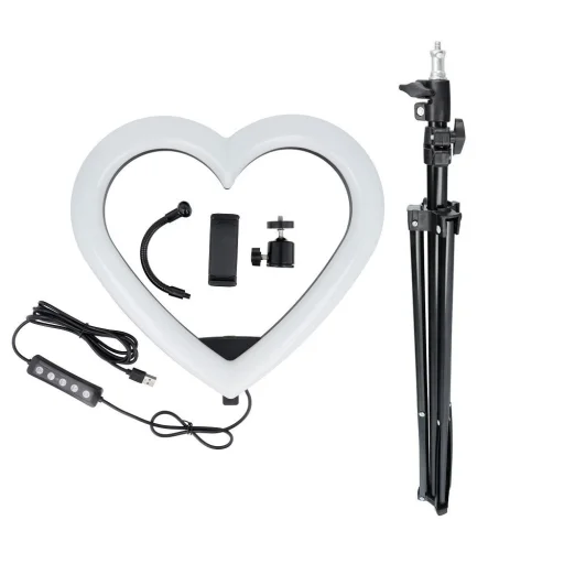 LED Körfény Stream RGB lámpa 12 hüvelykes telefontartóval SZÍV ALAKÚ + tripod JM33-13 fekete - 1