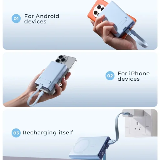 Powerbank Joyroom JR-PBM01 mágneses 10000mAh 20W állvánnyal + Lightning - USB-C kábel - kék - 10