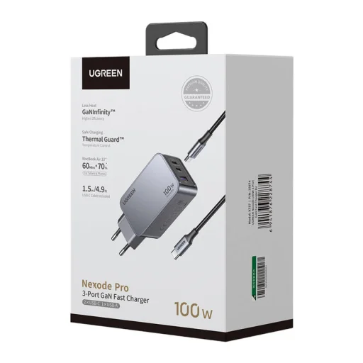 Ugreen Nexode Pro 100W hálózati töltő, GaN, USB + 2x USB-C (szürke) - 3
