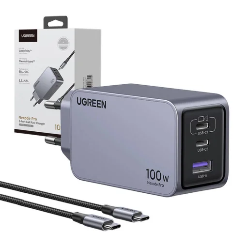 Ugreen Nexode Pro 100W hálózati töltő, GaN, USB + 2x USB-C (szürke) - 4