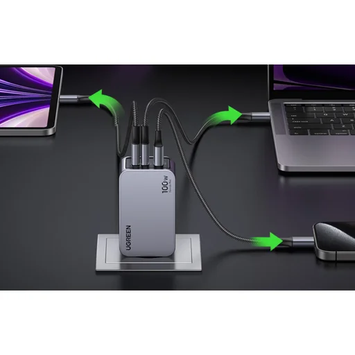 Ugreen Nexode Pro 100W hálózati töltő, GaN, USB + 2x USB-C (szürke) - 6