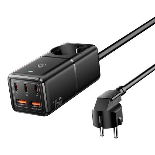 Fali töltő, Essager, ECTAC-BRB01-Z, GaN, 3xUSB-C, 2xUSB-A, AC csatlakozó, 75W (fekete) - 2