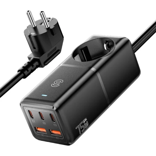 Fali töltő, Essager, ECTAC-BRB01-Z, GaN, 3xUSB-C, 2xUSB-A, AC csatlakozó, 75W (fekete) - 1