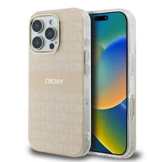  iPhone 16 Pro Max Rózsaszín Eredeti DKNY tok ismétlődő textúra mintával és csíkkal DKHMP16XHRHSEP tok