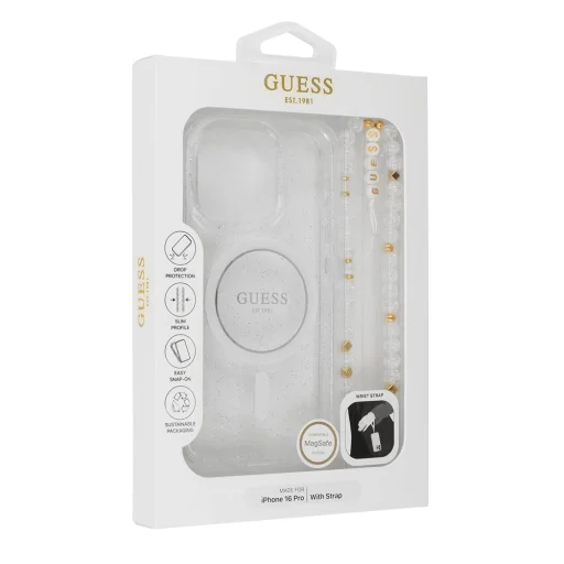  iPhone 16 Plus átlátszó GUESS IML Glitter Gyöngy Pánttal Magsafe GUHMP16MHGCRELST Eredeti tok - 1