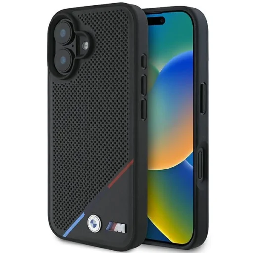  iPhone 16 fekete Eredeti BMW M perforált trikolor vonal Magsafe BMHMP16S23PUPDK tok - 1