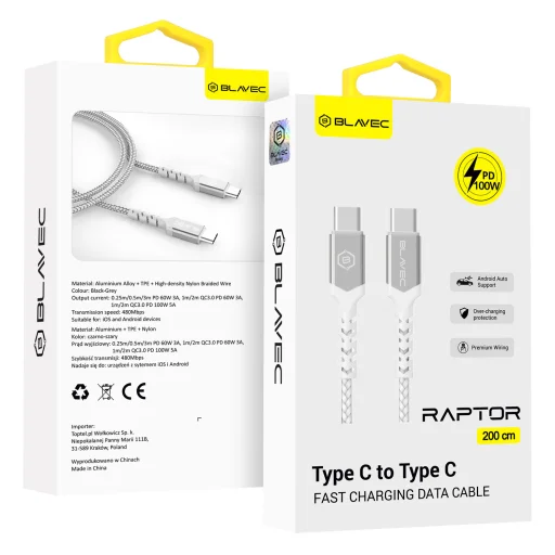Blavec Cable Raptor fonott - Type C to Type C - PD 100W 5A 2 méter (CRA-CC5WS20) fehér-ezüst - 1