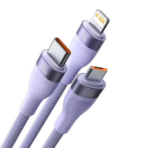Baseus Cable Flash Series II 3 in 1 - USB + Type C to Type C, Lightning, Micro USB - 100W 1,2 méter (CASS030105) lila - 2
