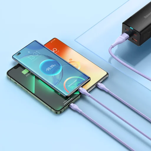 Baseus Cable Flash Series II 3 in 1 - USB + Type C to Type C, Lightning, Micro USB - 100W 1,2 méter (CASS030105) lila - 9