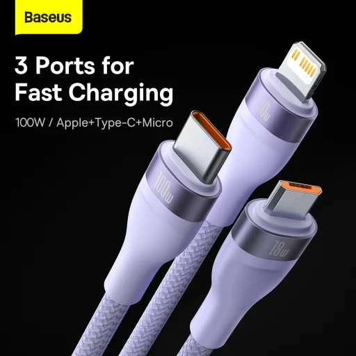 Baseus Cable Flash Series II 3 in 1 - USB + Type C to Type C, Lightning, Micro USB - 100W 1,2 méter (CASS030105) lila - 14