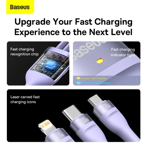 Baseus Cable Flash Series II 3 in 1 - USB + Type C to Type C, Lightning, Micro USB - 100W 1,2 méter (CASS030105) lila - 18