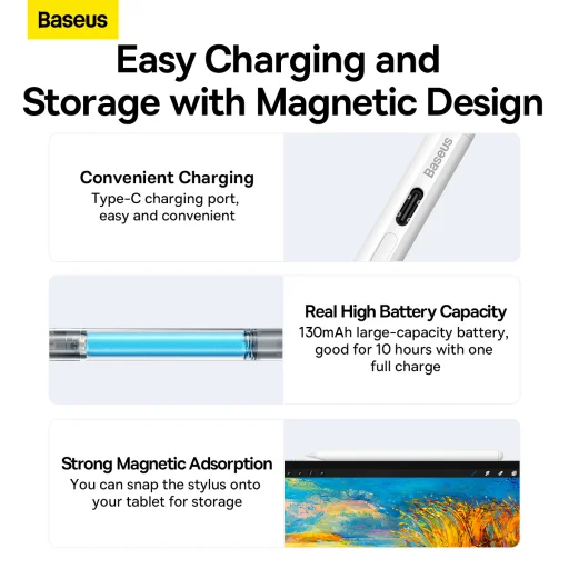 Baseus Stylus toll kapacitív aktív LED + Type C kábel 3A 0,3 méter (SXBC000202) fehér - 16