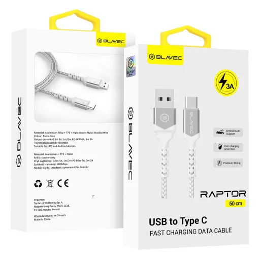 Blavec Cable Raptor fonott - USB - C típusú - 3A 0,5 méter (CRA-UC3WS05) fehér-ezüst - 1