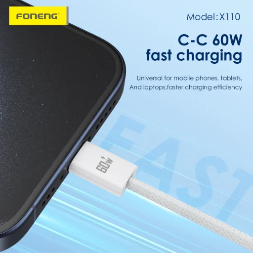 Foneng Kábel X110 - Type C to Type C - PD 60W 3A 1,2 méter fehér - 3