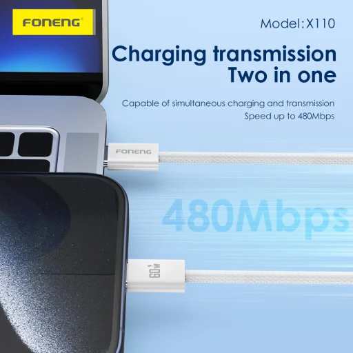 Foneng Kábel X110 - Type C to Type C - PD 60W 3A 1,2 méter fehér - 8