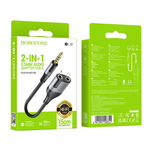 Borofone Cable BL19 Creator 2 az 1-ben - jack 3,5mm apa -> 2x jack 3,5mm anya - 15 cm fekete - 9