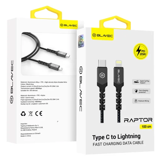 Blavec Cable Raptor fonott - Type C to Lightning - PD 20W 2,4A 1 méter (CRA-CL24BG10) fekete-szürke - 1