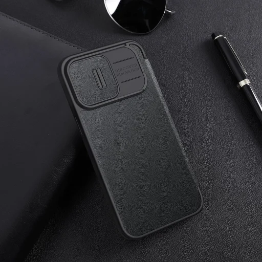 Nillkin Qin Cloth Pro Case tok iPhone 14 Pro Max kamera fedél övtok fliptok kék - 19