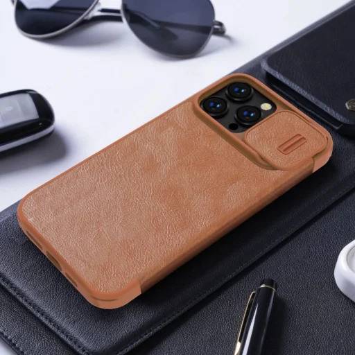 Nillkin Qin Leather Pro tok iPhone 14 Pro Max Kamera Fedél Tok Flip Tok Barna - 20