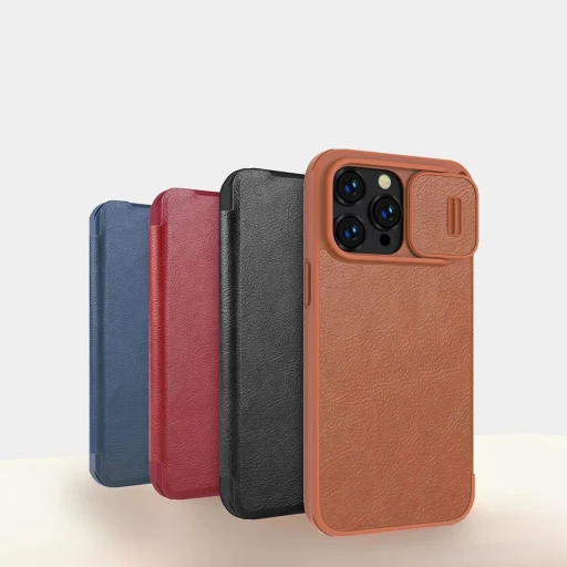 Nillkin Qin Leather Pro tok iPhone 14 Pro Max Kamera Fedél Tok Flip Tok Barna - 8