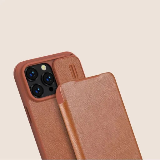 Nillkin Qin Leather Pro tok iPhone 14 Pro Max Kamera Fedél Tok Flip Tok Barna - 14