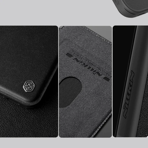 Nillkin Qin Prop bőr tok kamerafedéllel és állvánnyal iPhone 16-hoz - Fekete tok - 11