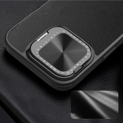 Nillkin Qin Prop bőr tok kamerafedéllel és állvánnyal iPhone 16-hoz - Fekete tok - 6