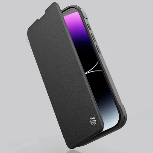 Nillkin Qin Prop bőr tok kamerafedéllel és állvánnyal iPhone 16-hoz - Fekete tok - 8