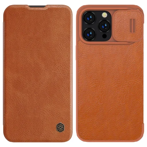 Nillkin Qin Leather Pro tok iPhone 14 Pro Max Kamera Fedél Tok Flip Tok Barna - 1