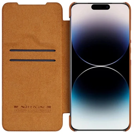 Nillkin Qin Leather Pro tok iPhone 14 Pro Max Kamera Fedél Tok Flip Tok Barna - 2