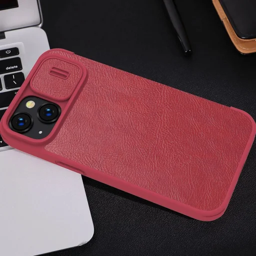 Nillkin Qin Leather Pro iPhone 14 Plus kamera fedő fliptok barna - 19