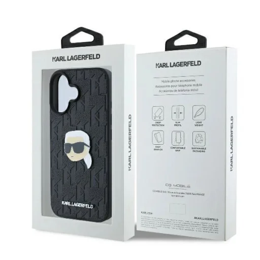  iPhone 16 Karl Lagerfeld Monogram Karl Head Pin tok - Fekete - 8