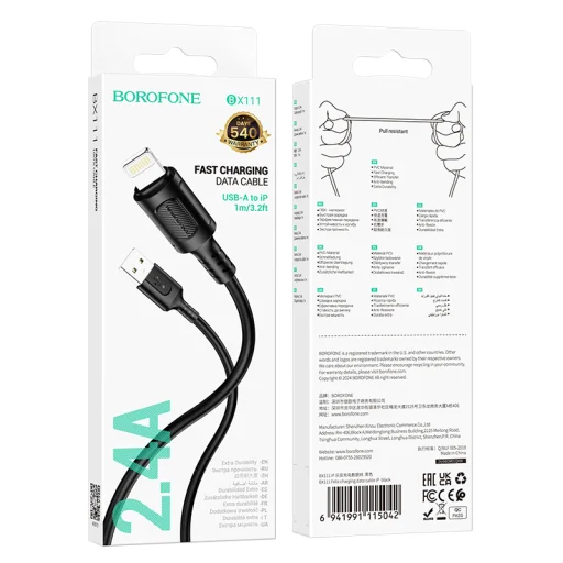 Borofone BX111 Feliz - USB - C típusú kábel - 3A 1 méter fekete - 5