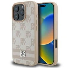  iPhone 16 Pro Rózsaszín DKNY Kockás minta és nyomtatott csíkok tok