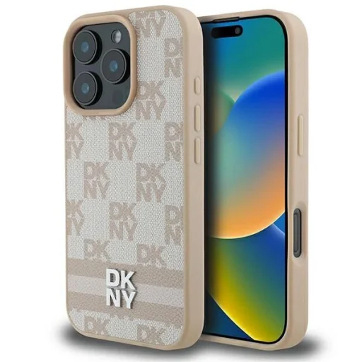  iPhone 16 Pro Rózsaszín DKNY Kockás minta és nyomtatott csíkok tok - 1