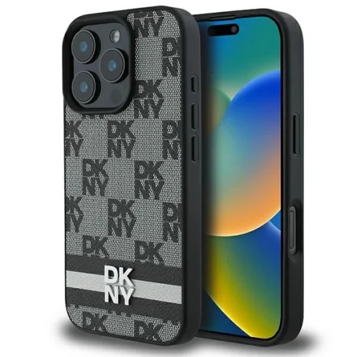  iPhone 16 Pro fekete DKNY Kockás Minta és Nyomtatott Csíkok tok - 1