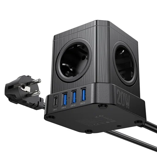 HOCO multifunkcionális elosztó 5 aljzat + 3 x USB A + Type C EU szabványok 4000W PD QC 3A NS8 2 m fekete - 3